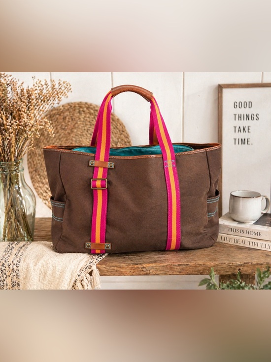 GAP Handbags - Vtg GAP Canvas Tote Bag Brown Stripe Pink Orange Large Boho Carryall